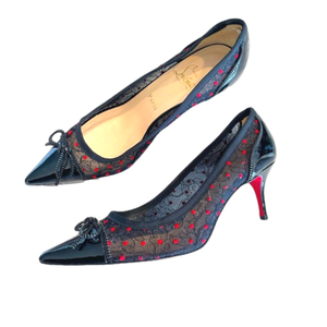 Christian Louboutin Heels Souris 70 Lace Black Pointed Kitten Heel Bow Pumps